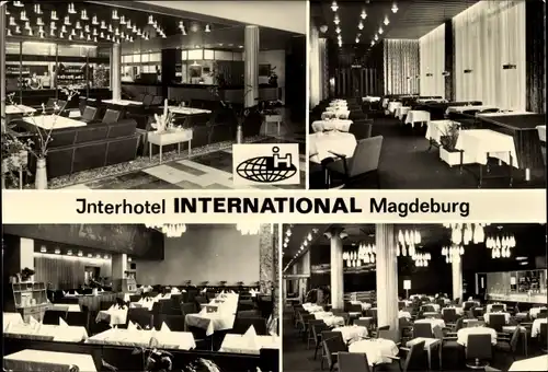 Ak Magdeburg, Interhotel International, Empfang Service-Centre, Cafe Wien, Restaurant Moskwa