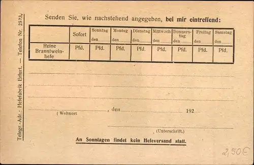 Ak Erfurt in Thüringen, An die Spiritus- und Preßhefefabrik Neuhaldensleben