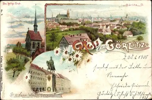 Litho Görlitz in der Lausitz, Das heilige Grab, Panorama vom Ort, Kaiser Wilhelm Denkmal