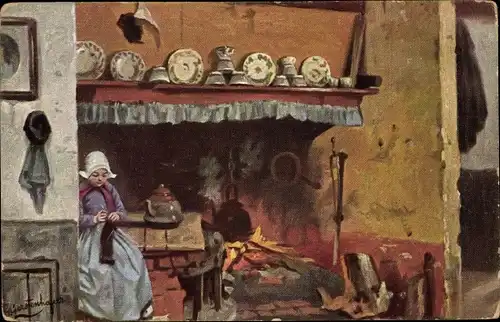 Künstler Ak Gerstenhauer, Johann Georg, niederländisches Motiv, Mädchen in Tracht am Kamin