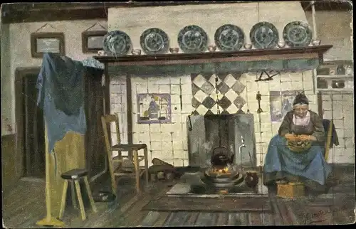Künstler Ak Gerstenhauer, Johann Georg, Alte Frau schält Kartoffeln neben dem Herd, Küche