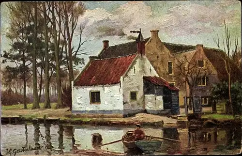 Künstler Ak Gerstenhauer, Johann Georg, niederländisches Dorfmotiv, Boot