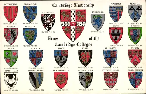 Wappen Ak Cambridge England, Cambridge University, Arms of the Colleges, Magdalene, King's, Pembroke