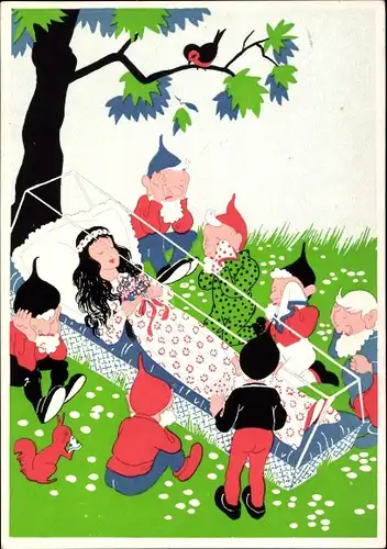 Künstler Ak Sneeuwwitje, dwergjes, Schneewittchen im Sarg, Zwerge, Märchen