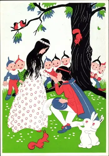 Künstler Ak Sneeuwwitje, dwergjes, koningszoon, Schneewittchen, Prinz, Zwerge, Märchen