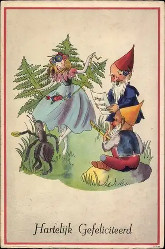 Ak Glückwunsch, Hartelijk Gefeliciteerd, Zwerge, tanzende Elfe, Ameise