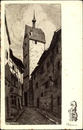 Künstler Ak Hansi, J. J. Waltz, Riquewihr Reichenweier Elsass Haut Rhin, Straßenpartie im Ort