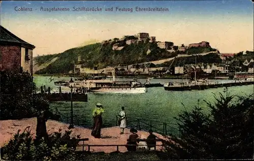 Ak Koblenz am Rhein, Ausgefahrene Schiffsbrücke und Festung Ehrenbreitstein