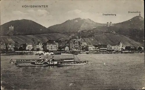 Ak Königswinter am Rhein, Drachenfels, Drachenburg, Dampfschiff