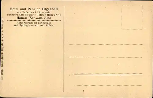 Ak Honau Lichtenstein in Württemberg, Hotel und Pension Olgahöhle am Fuße des Lichtenstein