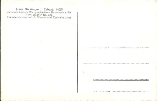 Ak Bacharach am Rhein, Haus Sickingen, Erbaut 1420