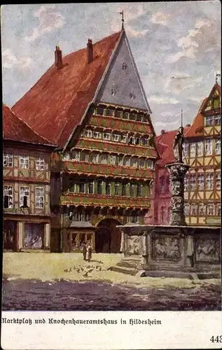 Künstler Ak Hildesheim in Niedersachsen, Marktplatz und Knochenhaueramtshaus, Brunnen