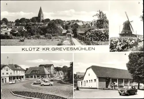 Ak Klütz in Mecklenburg, Ortsansicht, Windmühle, Marktplatz, HO Gaststätte Klützer Eck