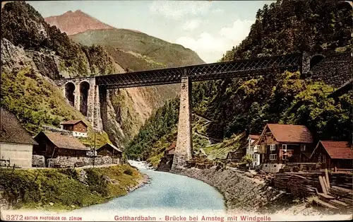 Ak Kanton Tessin, Gotthardbahn, Brücke bei Amsteg mit Windgelle