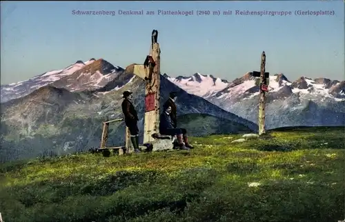 Ak Photochromie Jurischek No. 2380, Schwarzenberg Denkmal am Plattenkogel m. Reichenspitzgruppe