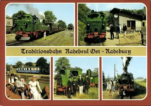 Ak Deutsche Eisenbahn, Traditionsbahn Radebeul Ost-Radeburg, Zugpersonal in historischen Uniformen