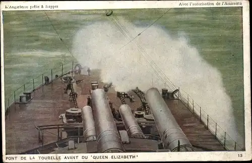 Ak Britisches Kriegsschiff, HMS Queen Elizabeth, Dreadnought, Kanonen