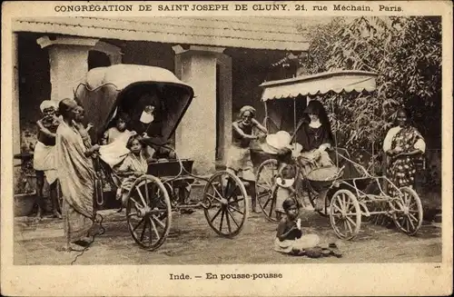 Ak Congrégation de Saint Joseph de Cluny, Inde, En pousse pousse, Rikschen