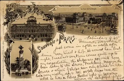 Litho Paris, I., Palais du Louvre, La Cour du Carroussel, Monument de Gambetta
