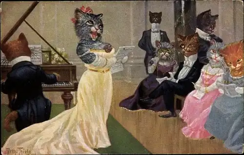 Künstler Ak Thiele, Arthur, vermenschlichte Katzen, Sängerin, Pianist