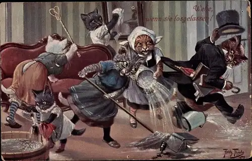 Künstler Ak Thiele, Arthur, Vermenschlichte Katzen beim Hausputz, Wehe wenn sie losgelassen