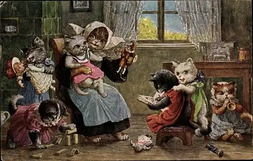 Künstler Ak Thiele, Arthur, Vermenschlichte Katzen, Spielschule für die ganz Kleinen