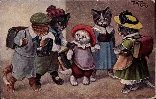 Künstler Ak Thiele, A., Erster Schulgang, Vermenschlichte Katzen