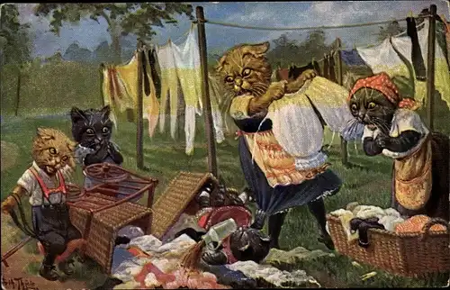 Künstler Ak Thiele, Arthur, Vermenschlichte Katzen beim Aufhängen von Wäsche