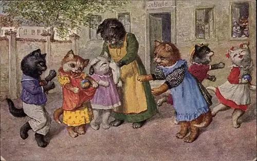 Künstler Ak Thiele, Arthur, Vermenschlichte Katzen, Schulpause