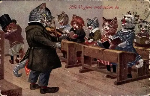 Künstler Ak Thiele, Arthur, Vermenschlichte Katzen singen in der Schule