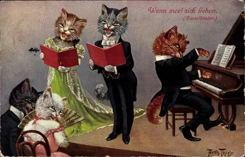 Künstler Ak Thiele, Arthur, Vermenschlichte Hauskatzen, Sänger, Klavier