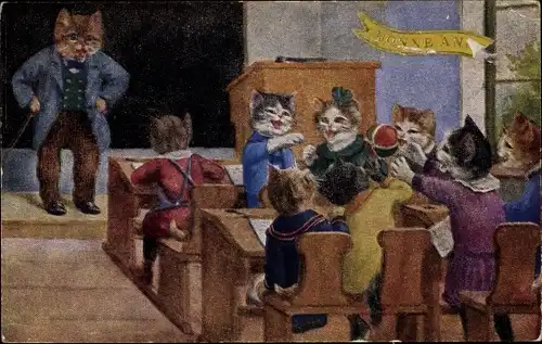 Künstler Ak Vermenschlichte Katzen, Schule, Lehrer