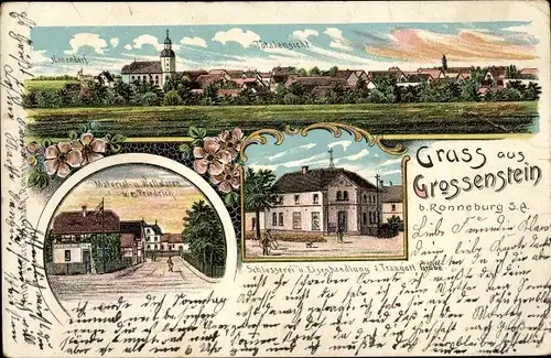 Litho Großenstein in Thüringen, Gesamtansicht, Handlung E. Friedrich, Schlosserei Traugott Grube