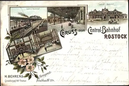 Litho Rostock in Mecklenburg, Zentralbahnhof, Innenansicht, Bahnsteig, Gleisseite