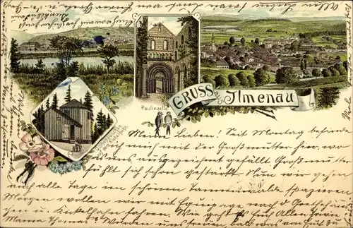 Litho Ilmenau in Thüringen, Goethehaus auf dem Kickelhahn, Stadtansicht, Paulinzella