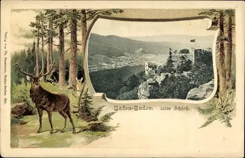 Präge Passepartout Ak Baden Baden im Stadtkreis Baden Württemberg, Blick auf altes Schloss, Hirsch