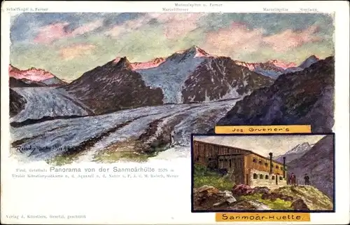 Künstler Litho Ötztal in Tirol, Sanmoär Hütte von Jos. Gruener, Bergpanorama