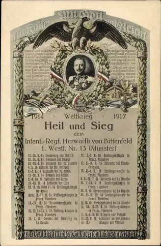 Passepartout Ak Heil und Sieg de, Inf. Rgt. Herwarth von Bittenfeld 1. Westf. Nr. 13, Wilhelm II