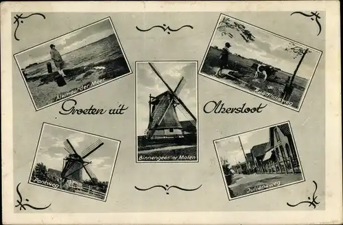 Ak Akersloot Nordholland Niederlande, Alkmaarder Meer, Radhuisweg, Pontweg, Binnengeester Molen