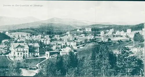 Klapp Ak Karpacz Ober Krummhübel im Riesengebirge Schlesien, Stadtansicht mit Schneekoppe