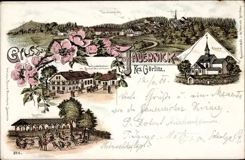 Litho Jauernick Buschbach Markersdorf Oberlausitz, Panorama, Kirche, Gastwirtschaft