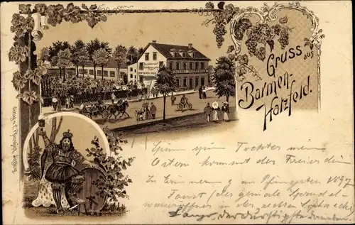 Litho Barmen Hatzfeld Wuppertal, Partie an einem Gasthaus, König mit Weinfass