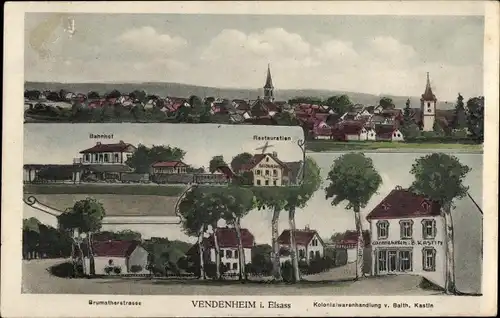 Ak Vendenheim Elsass Bas Rhin, Kolonialwarenhandlung, Restauration, Bahnhof, Totale
