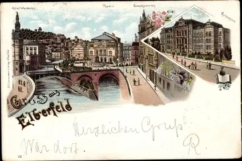 Litho Elberfeld Wuppertal, Hotel Weidenhof, Theater, Europäischer Hof, Gymnasium