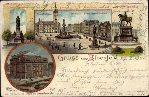 Litho Elberfeld Wuppertal, Kriegerdenkmal, Neues Rathaus, Neumarkt, Stadttheater, Denkmal