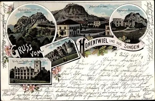 Litho Singen Hohentwiel, Festungsruine, Hadwig's Schloss, Kirche, Kirchturm, Eingangstor