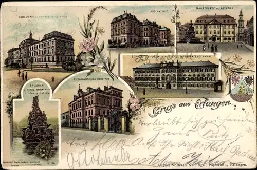 Litho Erlangen in Mittelfranken Bayern, Kollegienhaus, Augenklinik, Marktplatz, Schloss, Institut