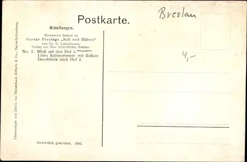 Künstler Ak Loeschmann, E., Wrocław Breslau Schlesien, Sabinezimmer, Hof 1, Soll und Haben