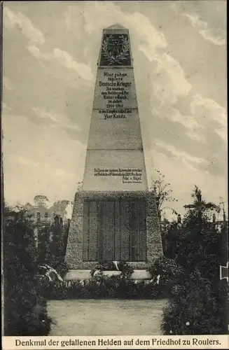 Ak Roeselare Roeselaere Rousselare Roulers Westflandern, Denkmal der gefallenen Helden, Friedhof