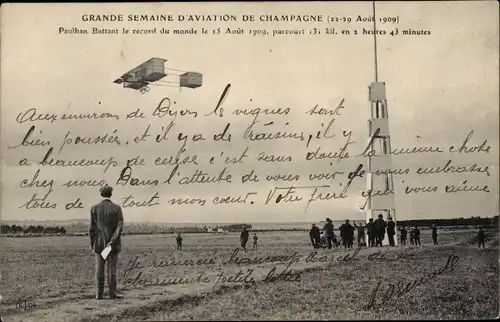 Ak Grande Semaine d'Aviation de Champagne 1909, Paulhan, Zivilflugzeug, Flugpionier